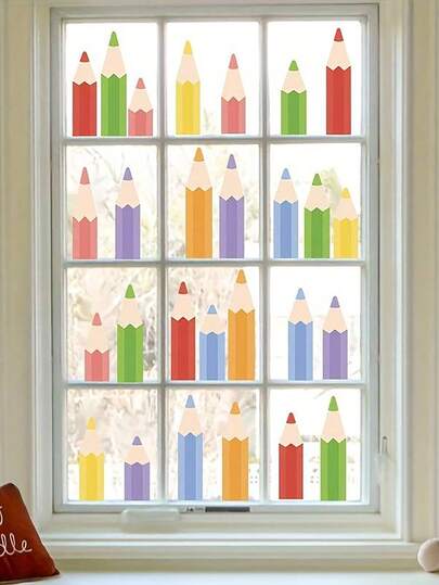 9 Blatt bunte Bleistift Fenster- & Wandaufkleber, geeignet für Raumdekoration, Klassenzimmer, Schlafzimmer und Glasfenster Dekorationsaufkleber