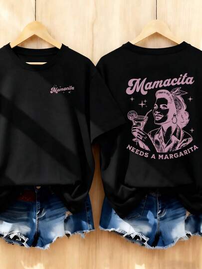 女士夏季新款人像图案字母印花圆领短袖T恤，休闲宽松百搭上衣，时尚日常穿着