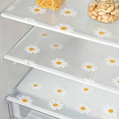 1 pieza Alfombrilla impermeable para refrigerador - a prueba de humedad, antideslizante, lavable y reutilizable. Hecha de material EVA, decorada con patrones de cerezas frescas y margaritas transparentes, adecuada para decoración de refrigerador y cocina, también se puede usar como alfombrilla para refrigerador, cajón, armario de zapatos y gabinete, se puede cortar libremente al tamaño deseado.