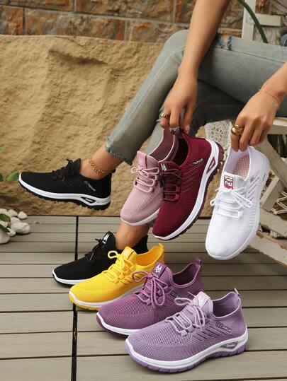 2026 New Arrival Women's Casual Sports Walking Shoes, Comfortable Breathable Knit Fabric, Minimalist & Elegant Design, Non-Slip Fishscale Pattern Low-Top Lace-Up Side Logo Mesh Sneakers, Suitable For Sports, Outdoor, Running, Hiking, Daily Commute And Various Occasions.