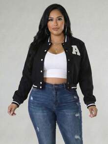 Plus Size Casual Varsity Jacket Long Sleeve Knitted Fabric Baseball Collar For Party - 黑色 - 查看 1