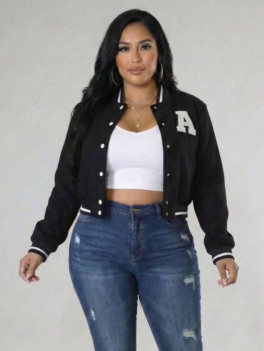 Plus Size Casual Varsity Jacket Long Sleeve Knitted Fabric Baseball Collar For Party - 黑色 - 查看 1