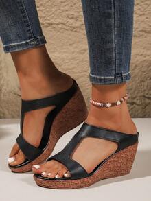 Sandalias de cuña de 4.3" con suela gruesa y diseño de punta abierta para mujer, de moda, versátiles y elegantes - Negro - Ver 2