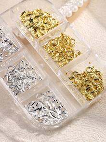 1 Box Cut Out-Schleifen Nageldekoration - Gold & Silber 3D Schleifen-förmiger Nagel-Schmuck mit Metallperlen, DIY Nail Art Zubehör - Verschiedenfarbig - Übersicht 3