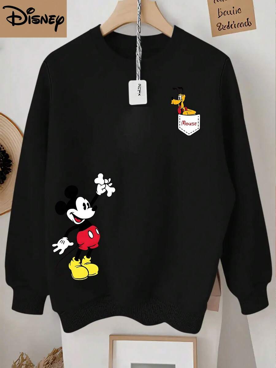 1pc Disney Mickey Mouse & Pluto Tween Boys Fun Sweatshirt With Playful Character & Pocket Prints - Comfortable Lightweight, Daily-Fit For School Days & Casual Hangouts - 黑色 - 查看 1