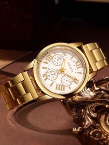 5pcs Women's Quartz Watch Set, Includes Quartz Watch With Roman Numeral Dial, Rhinestone Earrings, Rhinestone Ring, And Rhinestone Heart Necklace, Designed In Shiny Gold Tone - Gold - View 2