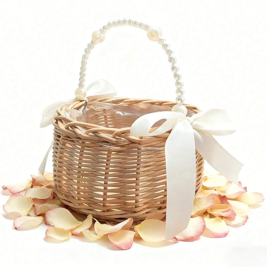 1pc Handwoven Rattan Flower Girl Basket, With Pearl Handle And Bow Decor, Suitable For Baby Shower Flower Girl Use - Apricot - View 1
