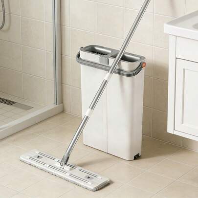 Super life Dieser Flachmop und Eimer-Set beinhaltet einen waschbaren und wiederverwendbaren Mikrofaser-Mopp-Bezug, einen Doppel-Eimer-Mopp, ein schmales Schlitz-Design, ein Trennwand-Design, Fußboden-Reinigung ohne Handkontakt, Reinigung von Mehrflächen, ohne Strom, geeignet zum Reinigen von Schlafzimmern/Badezimmern/Küchen/Wohnzimmern, Autos und Böden. Er kann nass oder trocken verwendet werden und ist ideal für Haus- und Bodenreinigung.