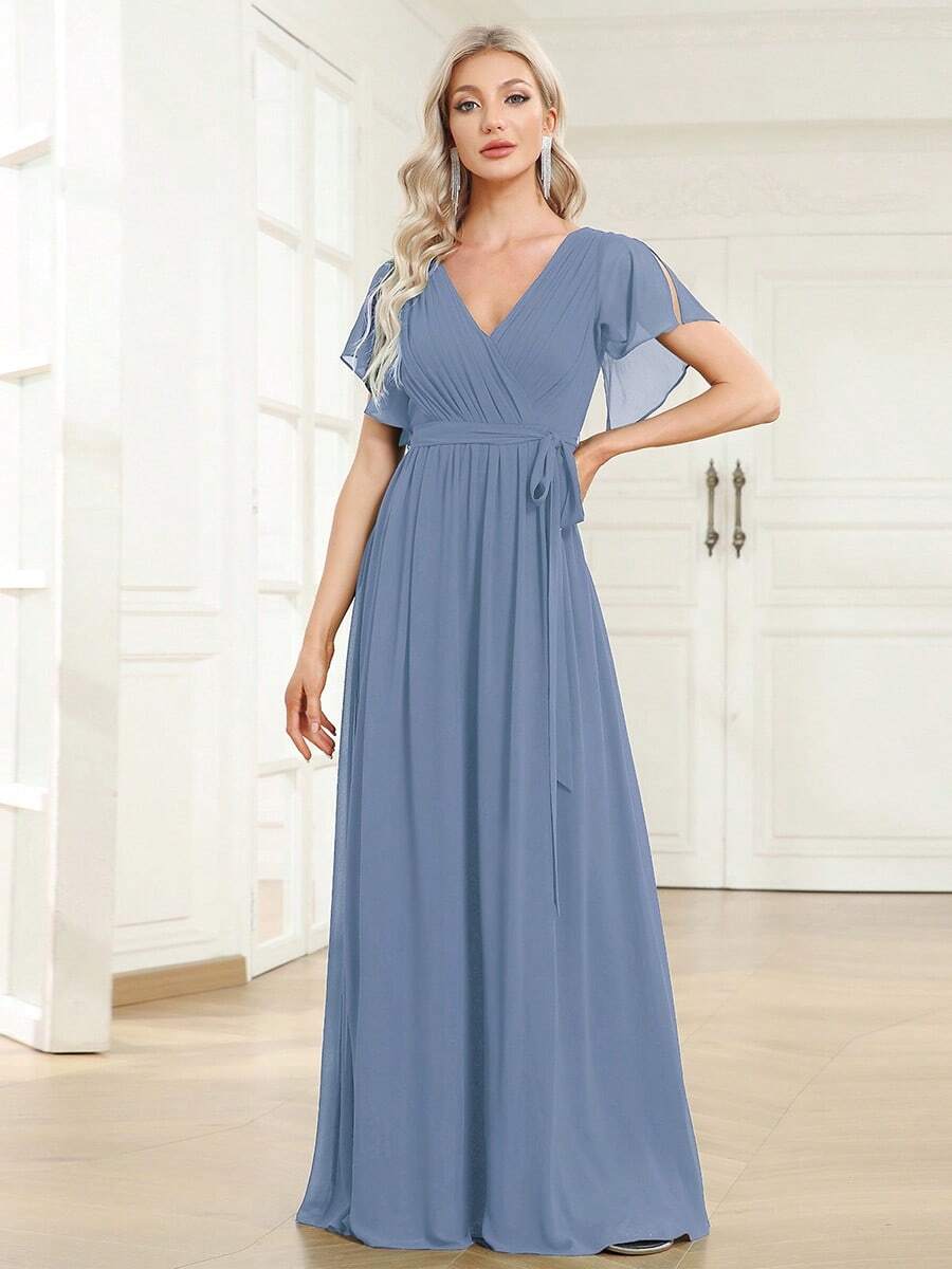V-Neck Retro Elegant Bridesmaid Dress Gown - Dusty Blue - View 1