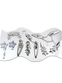 10pcs Gothic Star Clip Set, Metal Star Hair Clips, Y2K Hipster & Sweet Hair Accessories - Silver - View 3