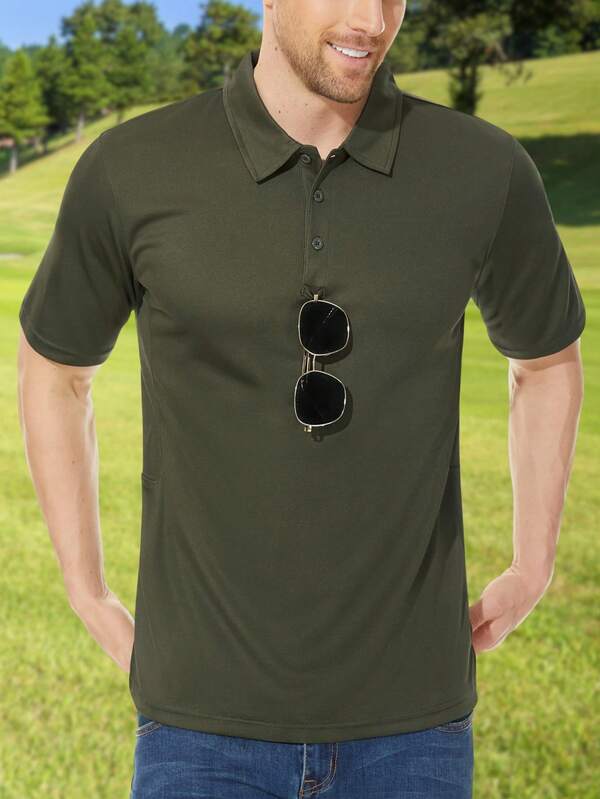 Polo de golf d'été à séchage rapide pour hommes à manches courtes Sports de plein air Randonnée Pêche T-shirt Hauts légers perméables à l'air avec porte-lunettes de soleil et poches pour stylos