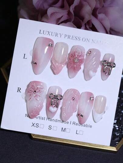 10pcs Almond 3D Hand Carved Flowers & Water Ripple Pattern 100% Handmade Press On Nails French Style Semi-Transparent Blush Rusty Rose False Nails Reusable DIY False Nails Nail Beauty Products