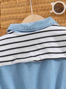 两件套女童夏季套装，时尚休闲日常穿着，蓝色牛仔连体裤和黑白条纹披肩套装 - 藍色 - 查看 9