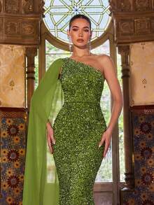 Faeriesty 女士优雅闪亮亮片单肩美人鱼晚礼服 - 适合奢华婚礼、盛大晚宴、颁奖典礼、正式晚宴和红毯活动 - 橄欖綠 - 查看 1