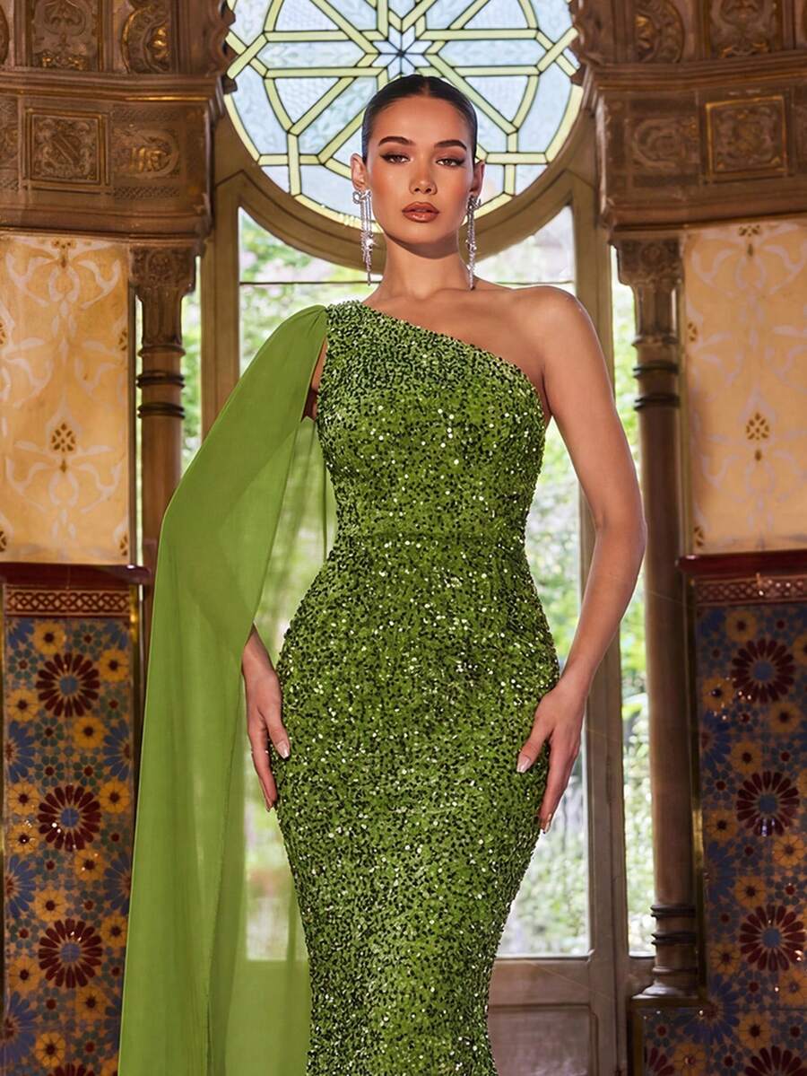 Faeriesty 女士优雅闪亮亮片单肩美人鱼晚礼服 - 适合奢华婚礼、盛大晚宴、颁奖典礼、正式晚宴和红毯活动 - 橄欖綠 - 查看 1