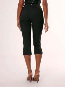Women's Black Fabric High Stretch Capri Pants With Stylish Split Detail - Black - View 2