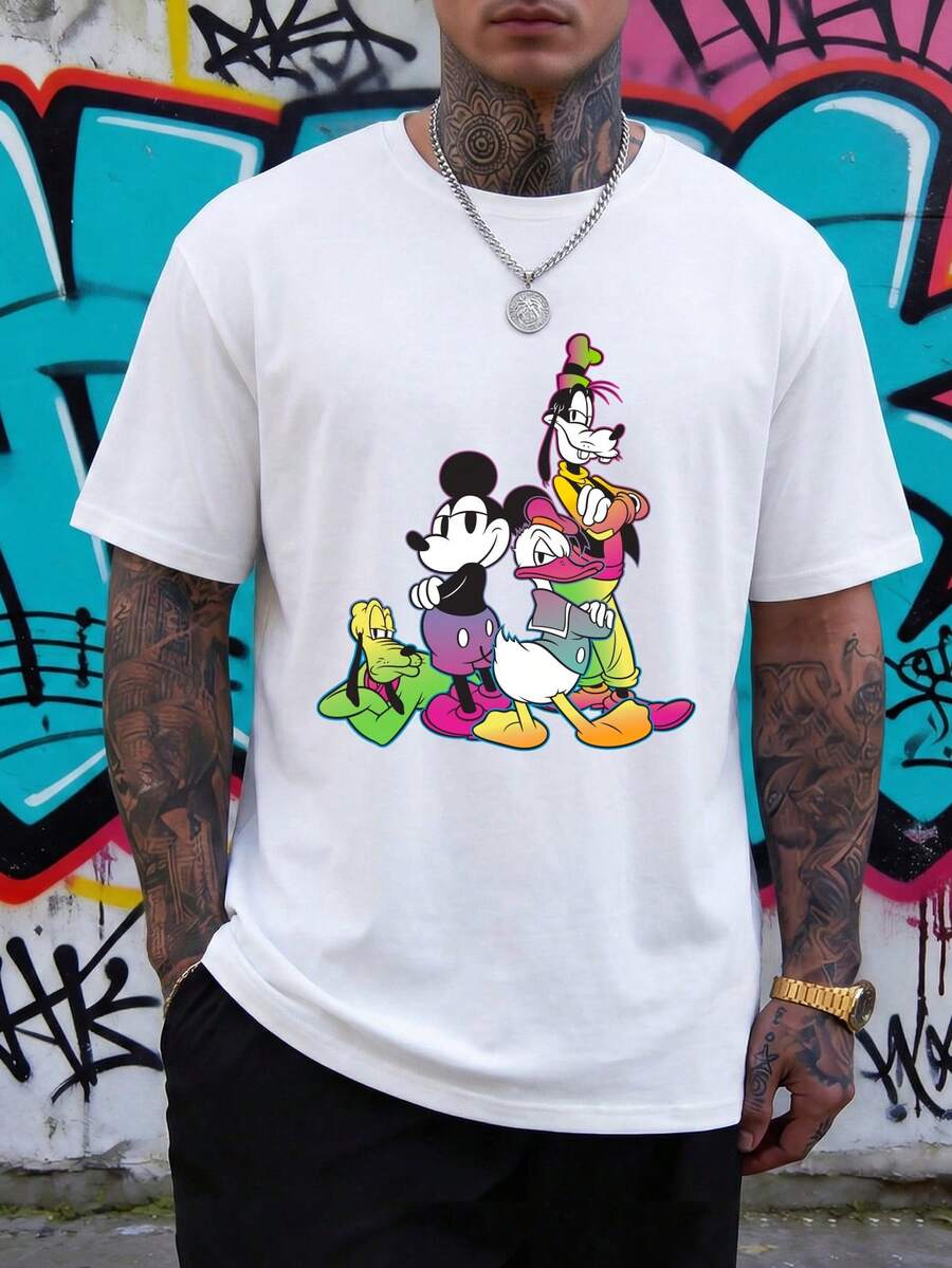 Áo thun nam tay ngắn cổ tròn Disney, in hình các nhân vật hoạt hình đầy màu sắc của Disney như chuột Mickey, vịt Donald và Goofy, phong cách thời trang đường phố, trang phục nam, lễ hội. - trắng - Xem 1