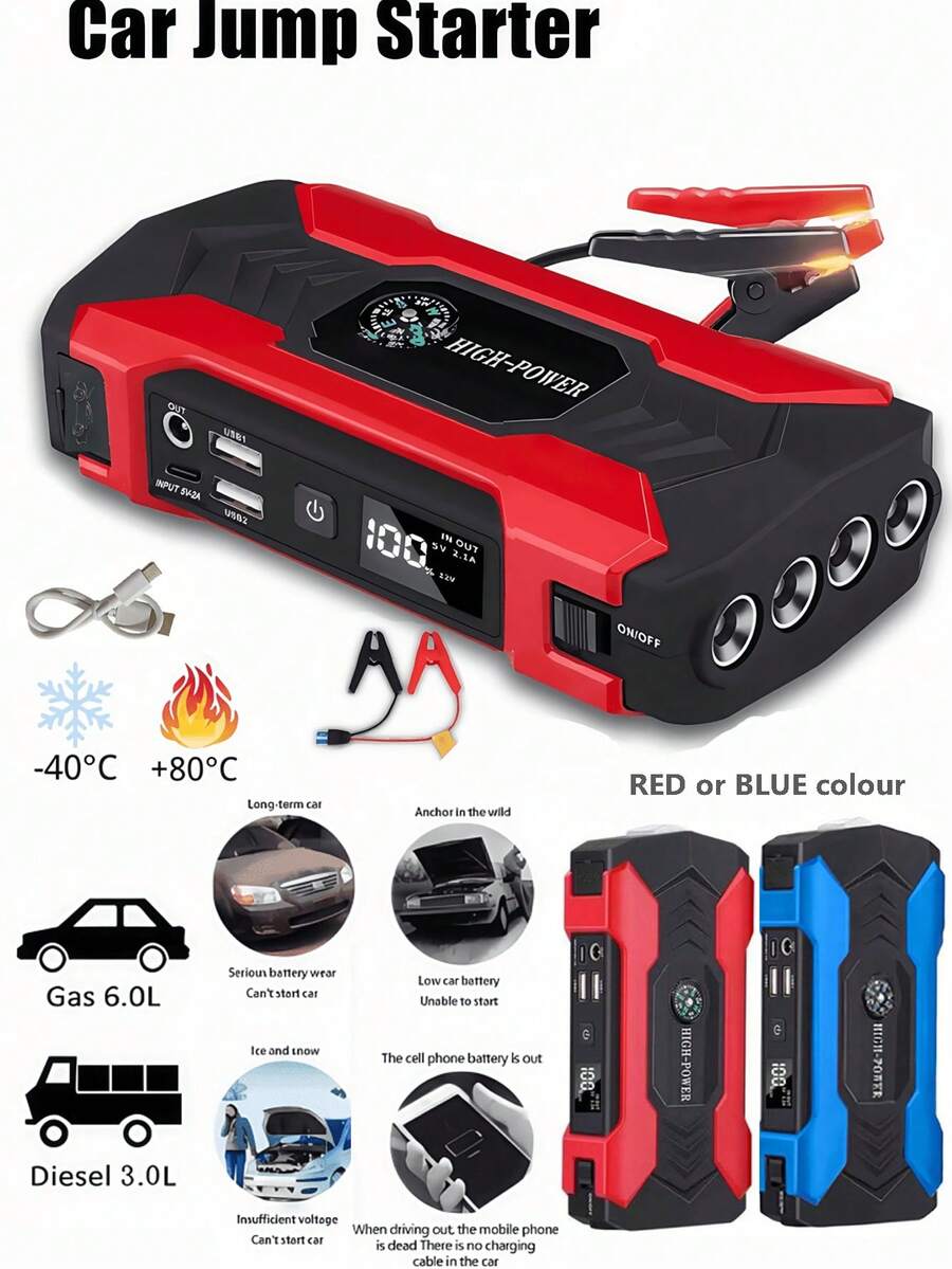 12V Portable Car Battery Jump Starter, Power Bank - Charges Phones, Recharges Car Batteries, With Emergency LED Light And Compass