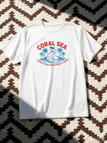 Men's Summer Coconut Tree & Surfing Print Casual Short Sleeve T-Shirt, Suitable For Daily Wear, Vacation, Unisex - White - View 3