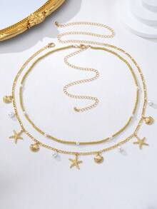 2pcs Bohemian Style Waist Chain, Gold Beaded Chain With Shell & Starfish Pendant, Detachable Double Layer Waist Chain For Daily, Party, Beach, Bikini, Elegant & Refined For Women - Golden Two-piece Suit - View 2
