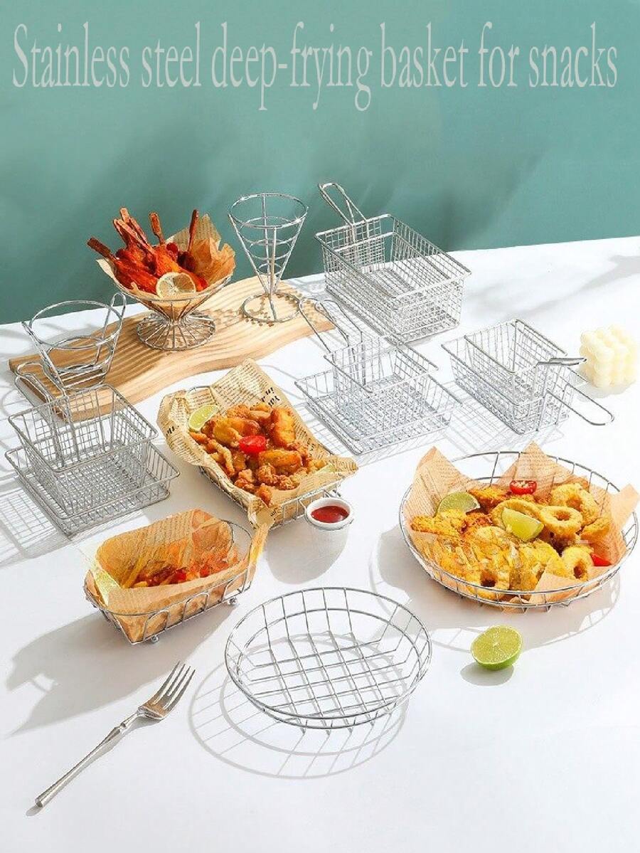 1pc Silver Snack Basket, Fries Basket, Chicken Wings And Fried Chicken Bread Basket, Bar Fried Food Serving Tray, , Easy To Clean, Reusable, Ideal For Home Use - Silver - View 1