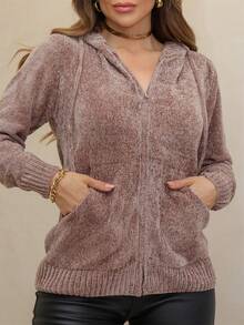 Women's Long Sleeve Hooded Jacket With Zipper, Mousse Winter 3RD SD3023 - Marrom Claro - Ver 2