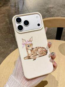 Soft Matte Pink Bow Deer Illustration White Faux Leather Texture TPU Phone Case, Delicate Touch, Anti-Slip, Fingerprint Resistant, Suitable For Daily Use Or As A Gift, Compatible With IPhone, Galaxy S24 Ultra/Galaxy S25 Ultra - White - View 3