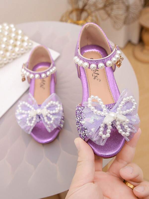 Kids Princess Flat Sandals Bow Rhinestone Pearl Decor School Sandals