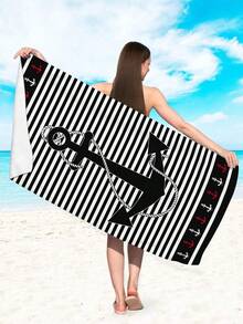 1条时尚简约黑色条纹沙滩巾，印有锚和海洋图案，速干吸水，适合旅行、露营、游泳池、瑜伽、健身、淋浴，必备沙滩度假用品（单面花卉印花，多种颜色可选） - 黑色條紋 - 查看 5