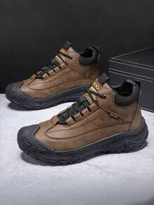 Men's High Top Outdoor Hiking Work Boots, Lace Up Anti-Slip Wear-Resistant Thick Sole Toe Protection Casual Trekking Ankle Boots For Men Daily Commute Outdoor Activities - màu nâu - Xem 1