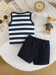 2 sztuki/zestaw ubranek dla chłopców z nadrukiem uroczego misia, w zestawie bezrękawnik w paski i spodenki z kreskówkową grafiką, swobodny letni styl sportowy/plażowy - Wielokolorowe - Zobacz 2