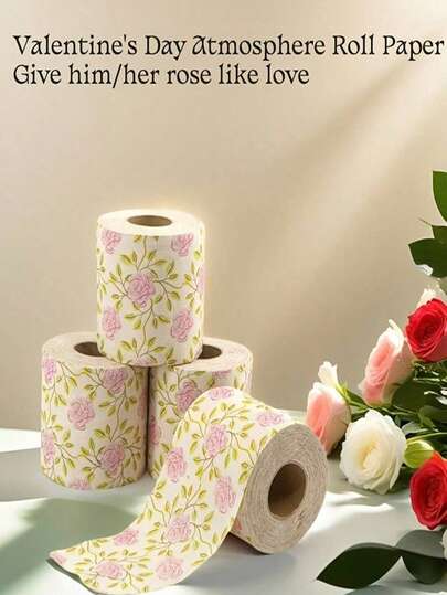 1 Roll Floral Pattern Toilet Paper, Rose Design, Decorative Napkins, Holiday Handkerchief Paper, Suitable For Home, Office, Bathroom, Travel, Creative Tissue, European Size, Euro/Dollar Printing, Rose Print Bamboo Pulp Toilet Roll