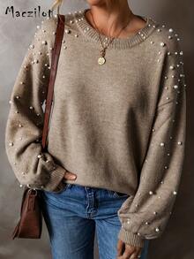 European & American Style Elegant Plus Size Women Pearl Embellished Knit Crew Neck Sweater, Autumn/Winter - Khaki - View 2