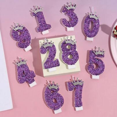 0-9岁生日紫色数字蜡烛，节日派对蛋糕，甜点装饰蜡烛，派对礼物，紫色钻石皇冠数字蜡烛