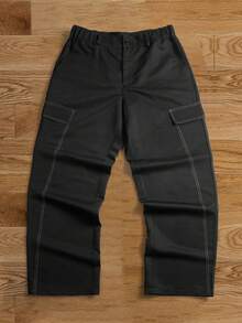 Men's Black Wide Leg Cargo Pants With Contrast Stitching And Button Waist, Street Style - Black - View 4