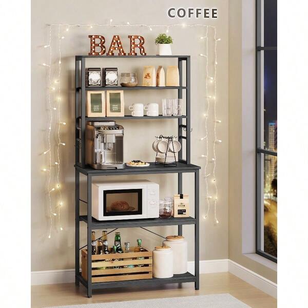 Rustic Brown And Black Coffee Bar, 6-Tier Kitchen Baker's Rack With Storage, 6 Hooks, Microwave Stand, 15.7 X 31.5 X 65.7 Inches, Industrial Design