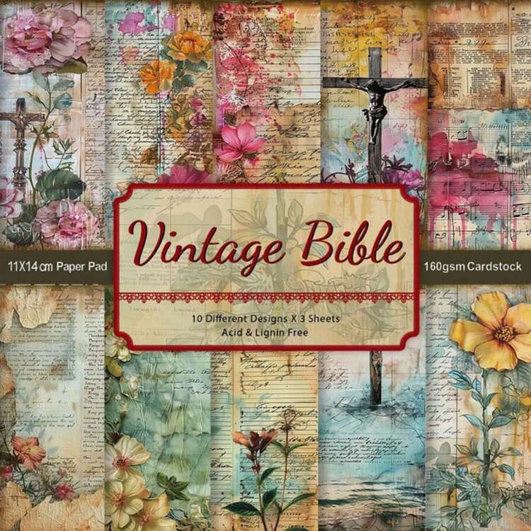 30pcs Vintage Bible Verse Scrapbook Paper, Unique Floral & Cross Patterns Art Collage Craft Paper For Christian Journaling, Planners, Card Making & Crafting, Scrapbooking Supplies,Back To School - Multicolor - View 2
