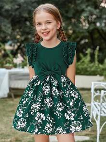 小女孩无袖纯色罗纹连衣裙，带蝴蝶结花朵图案，甜美派对夏季装 - 綠色 - 查看 1