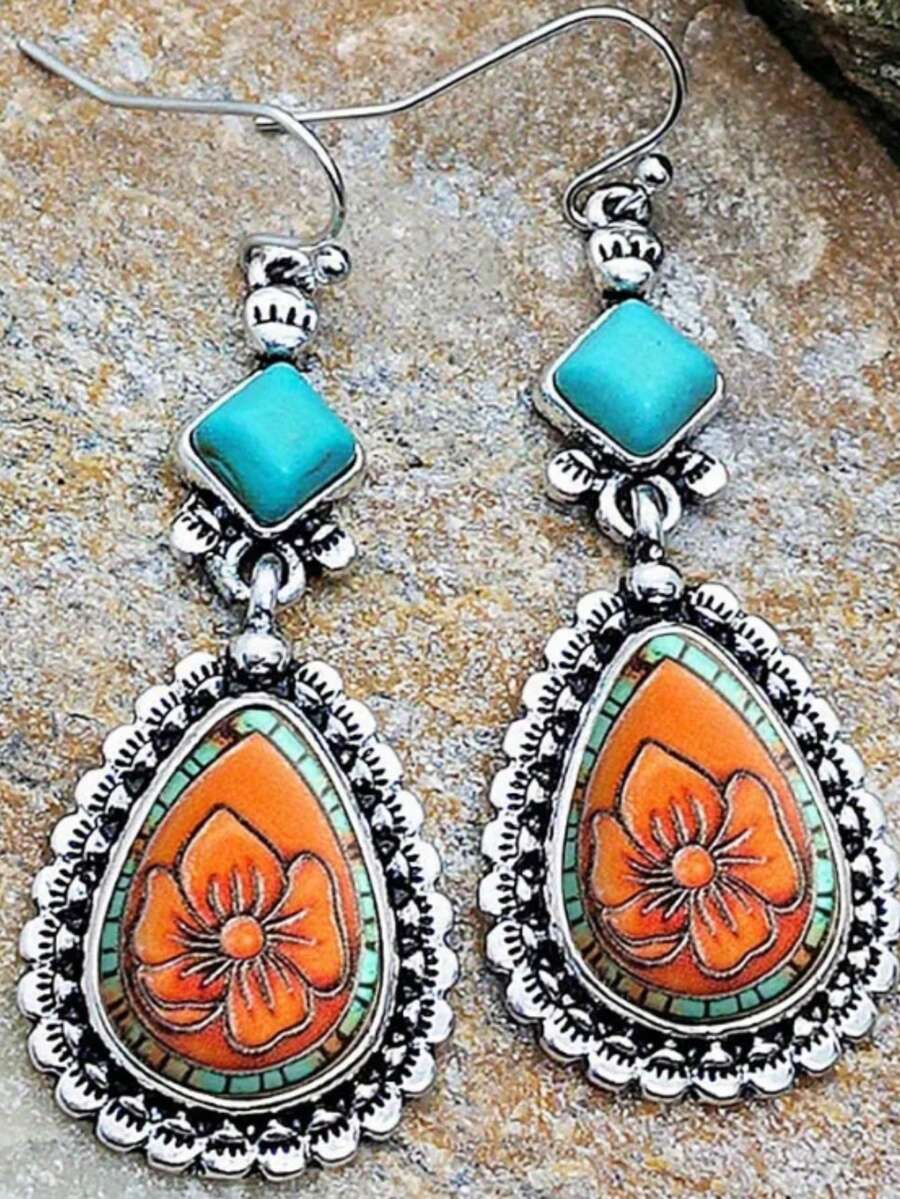 一对复古仿绿松石耳环，波西米亚风格耳环，女士耳环，生日周年纪念礼物，优雅朋友礼物 - 彩色 - 查看 1