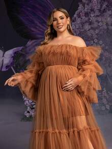 Faeriesty Elegant Maternity Plus Size Soft Brown Off-Shoulder Bell Sleeve Maxi Party Gown | Sheer Mesh & Tulle Fabric, Ruffle Detailing At Neckline Spring - Rust Brown - View 4