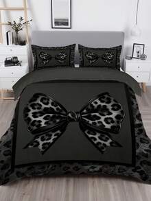 3件套豹纹蝴蝶结印花被套套装（1个被套+2个枕套，不含被芯），采用性感迷人的豹纹印花设计，柔软亲肤，舒缓视觉疲劳，四季皆宜，拉链封口，适用于酒店、卧室、客房和宿舍的床上用品装饰，低过敏性，易于打理，时尚轻盈，透气性好，低过敏性，易于护理，简约现代风格。 - 黑色 - 查看 16