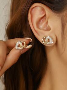 1 Pair Elegant Minimalist Geometric Design Cubic Zirconia Stud Earrings, Ideal For Women And Girls Everyday Wear - Multicolor - View 2