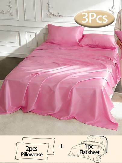 3pcs Silky Satin Bed Sheets, Soft & Breathable, Wrinkle-Resistant, Luxurious Hotel Style, Ideal Gift For Parents & Friends, Available In Multiple Colors & Sizes, Suitable For Twin, Full, Queen, King Beds