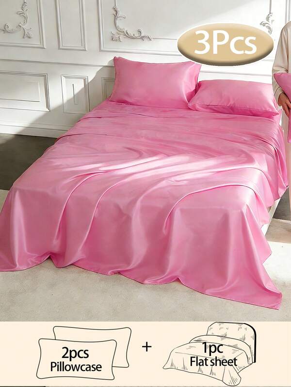 3pcs Silky Satin Bed Sheets, Soft & Breathable, Wrinkle-Resistant, Luxurious Hotel Style, Ideal Gift For Parents & Friends, Available In Multiple Colors & Sizes, Suitable For Twin, Full, Queen, King Beds