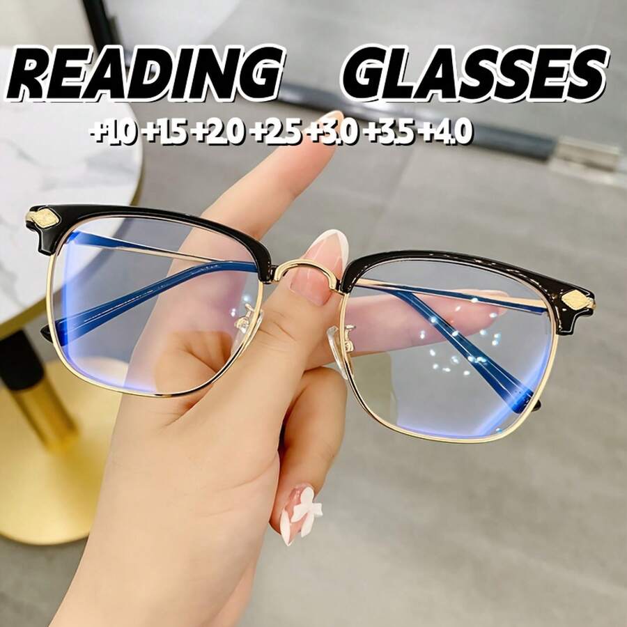 1PCS Fashion Half-Frame Business Elegant Reading Glasses Square Round Metal Texture High-Definition Reading Eye Protection Multiple Colors And Degrees Available - Gọng kính gọng đồi mồi - Xem 1