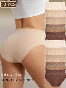 10条装刺绣花卉蕾丝高腰女士内裤 - 彩色 - 查看 2