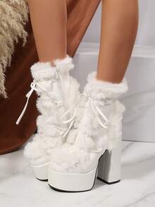 FVPFVP Millennium Culture Snow Boots, PU Leather & Fur Lace-Up Chunky Heel Mid-Calf Boots, Gothic Thick Sole Tall Boots, Similar To Kendall Style - White - View 2