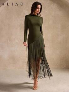 Đầm dài tay Aliao thanh lịch với tua rua, thích hợp cho kỳ nghỉ, du lịch, đi biển, dự tiệc, phong cách cổ điển mùa xuân. - Màu xanh Ô liu - Xem 4
