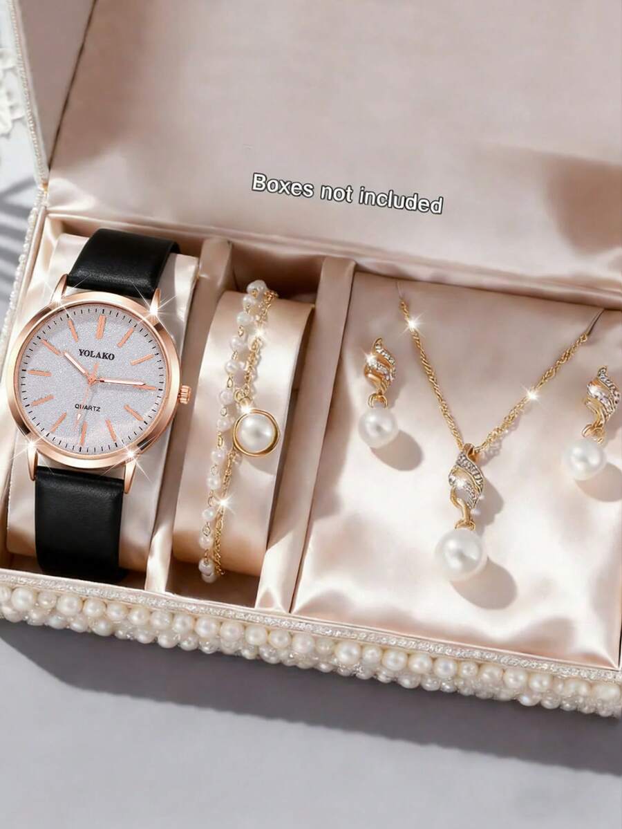 Bộ 5 chiếc đồng hồ nữ thời trang dây thép tròn, mặt tròn đa năng, có thể phối cùng vòng tay, dây chuyền, bông tai và các loại trang sức khác để tạo thành bộ trang sức, phù hợp cho đeo hàng ngày, các sự kiện trang trọng và các dịp khác, là món quà tuyệt vời dành cho phụ nữ. - màu đen - Xem 1