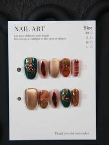 10 Stücke handgefertigtes mandelförmiges Nagelkunst Zubehör, Acryl Nagel Sticker mit barocken grünen Edelsteinen, goldener Katzenaugen-, Teufelsaugen-Designs, geeignet für Partys, Hochzeiten, Alltagsgebrauch, inklusive Werkzeug-Set, tolles Geschenk für Frauen Nägel Nagelzubehör - Grün - Übersicht 5